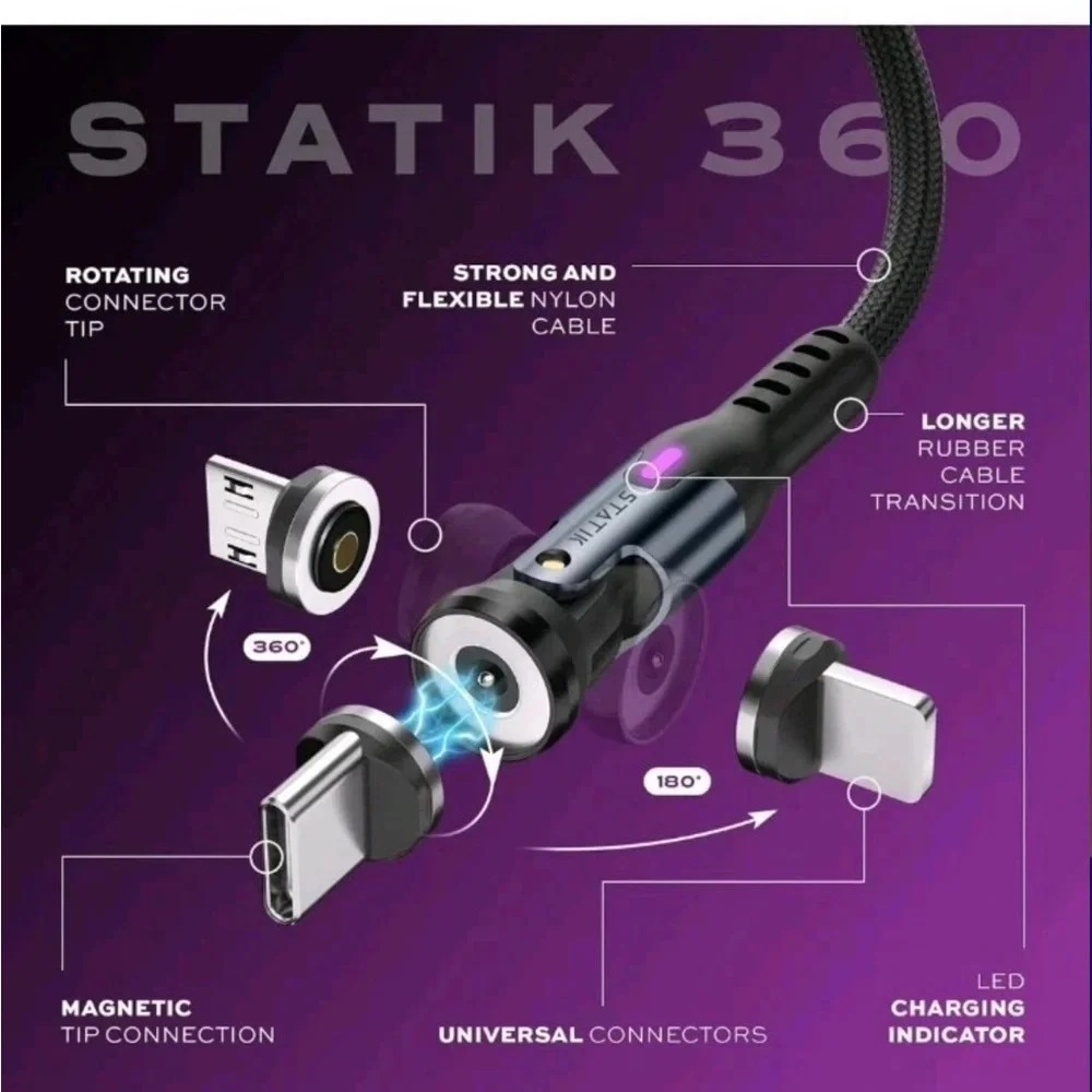 Statik 360 Universal Magnetic USB C Charging Cable w/ 3 Magnetic Tips 3 FT NEW